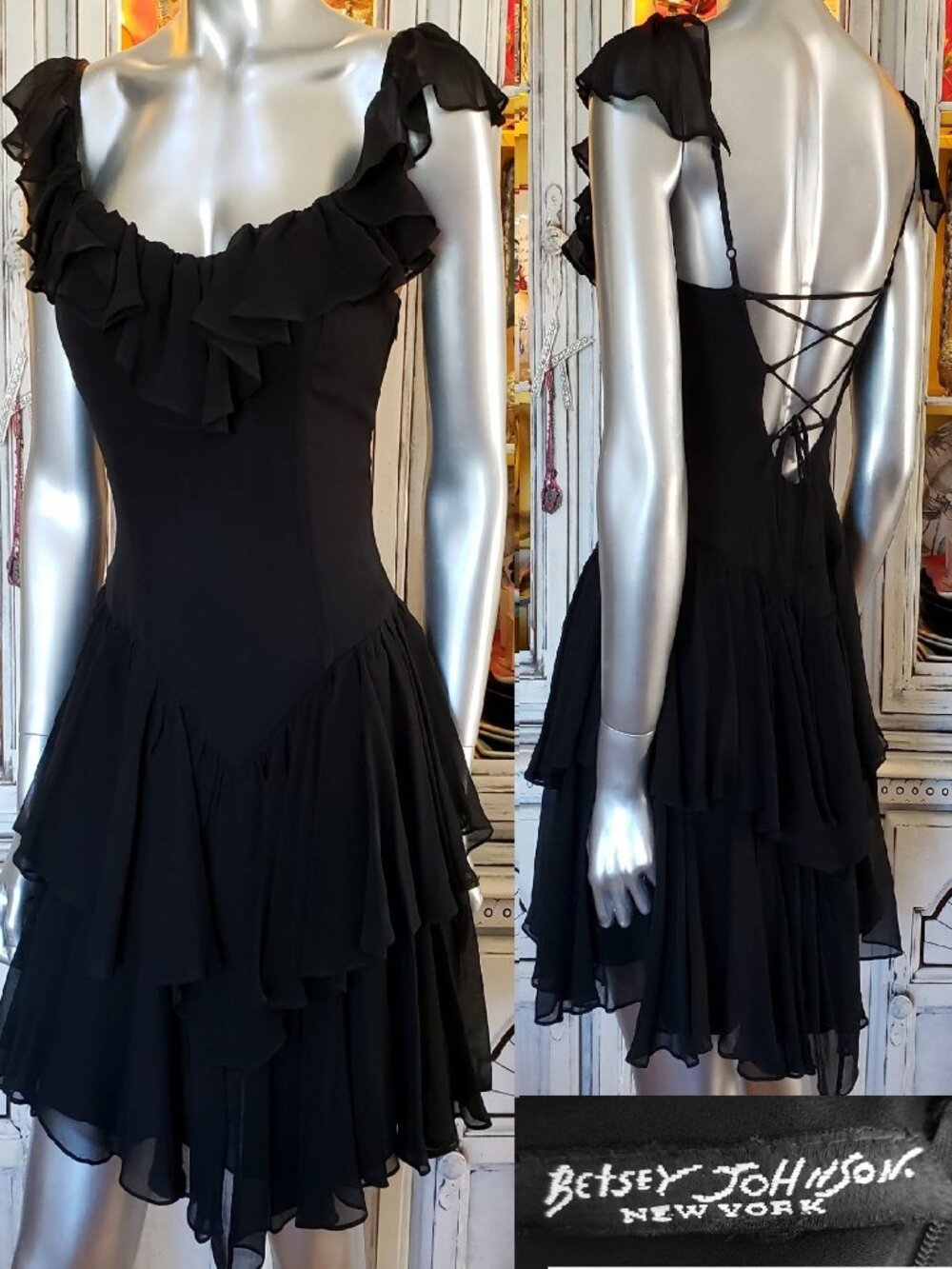Vintage Betsey Johnson New York 90s Black Silk Ruffle Backless Lace Up Dress S 6